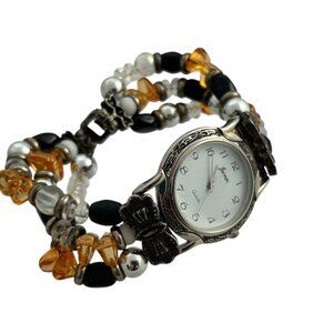 Jacques Couture Watch Silver Tone Orange Black Beaded Womens Quartz Analog 7"